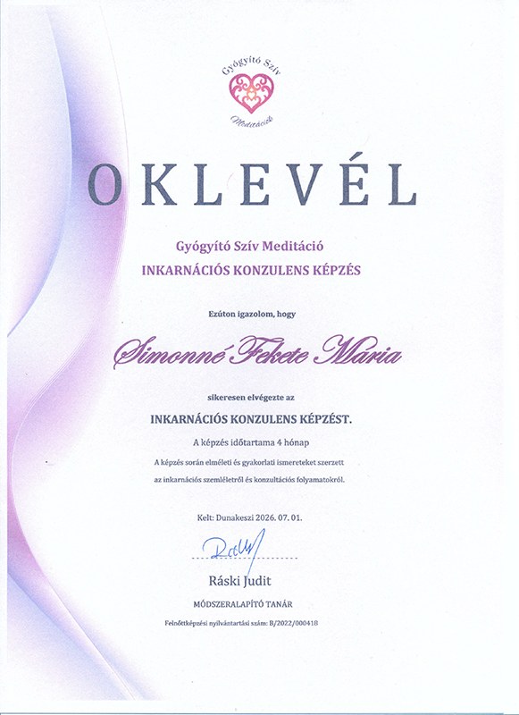 Oklevél: Inkarnációs konzulens képzés – Simonné Fekete Mária, 2026